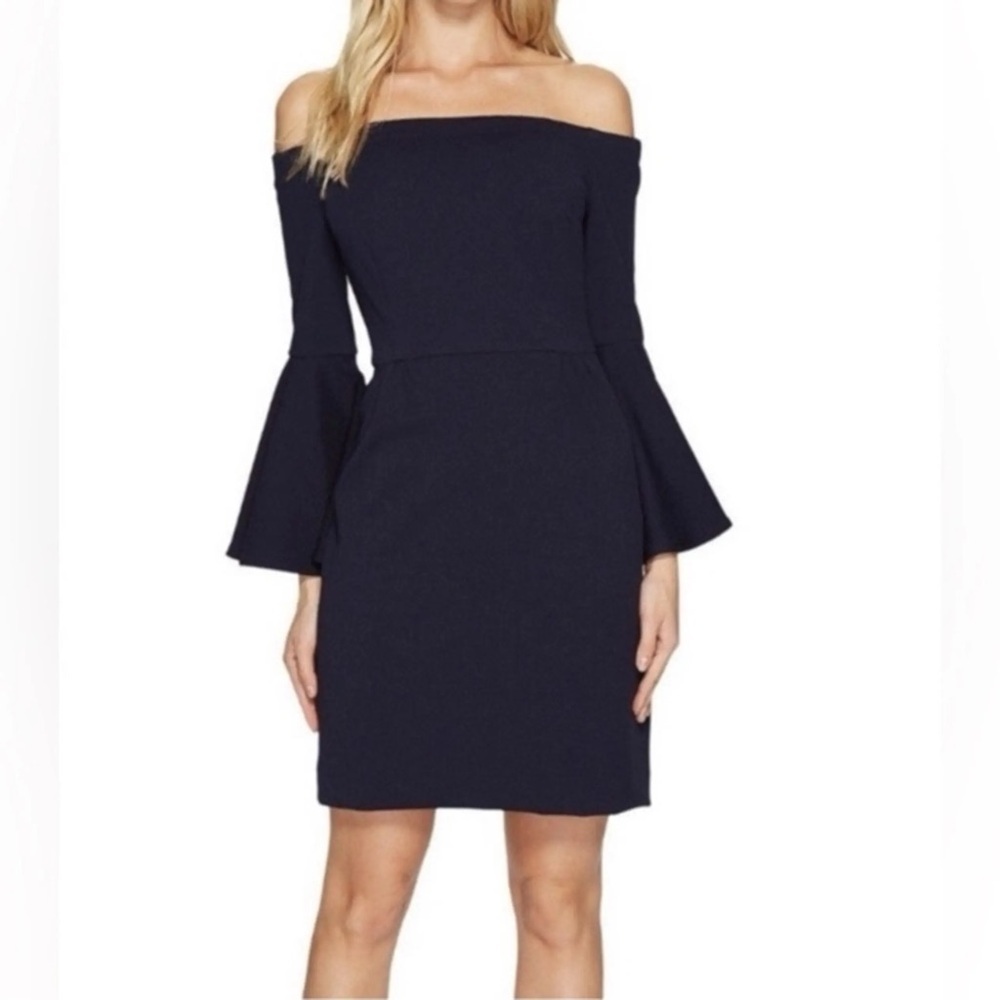 Trina Turk Miley Textured Ponte Knit Off Shoulder Dress Size 12 Navy Bell Sleeve